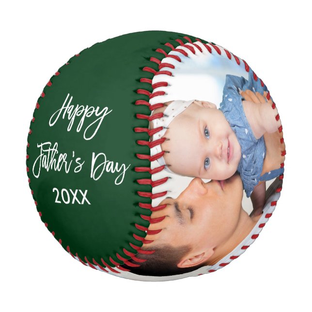 Happy Father's Day 2 Photo Brush Script Green Baseball (Angled)
