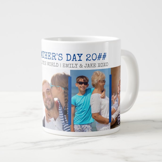 Happy Fathers Day 5 Photo Blue Grey Giant Coffee Mug