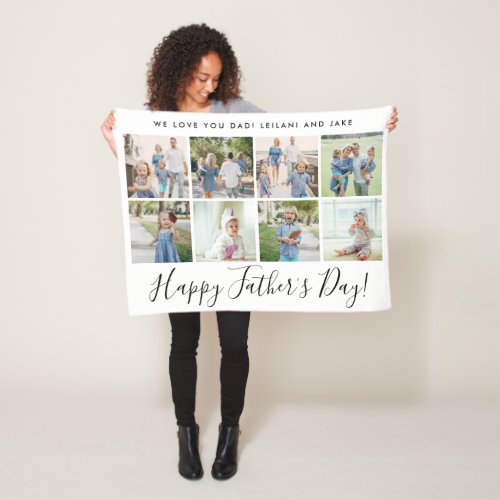 Happy Fathers Day 8 Photo Collage Custom White Fleece Blanket