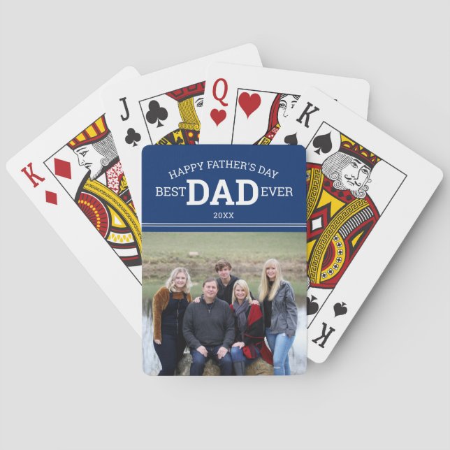 Happy Father's Day Best Dad Ever Family Photo Blue Poker Cards (Back)
