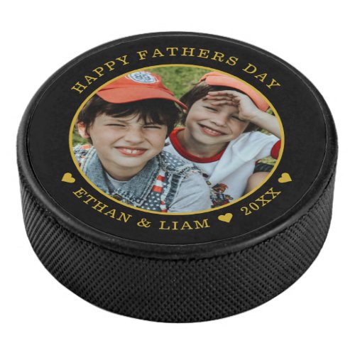 Happy Fathers Day Black And Gold Kids Photo   Hockey Puck