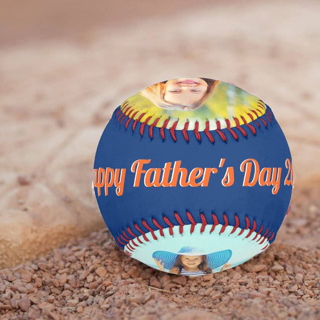 Happy Fathers Day Blue Orange White Custom 2 Photo Baseball (Creator Uploaded)
