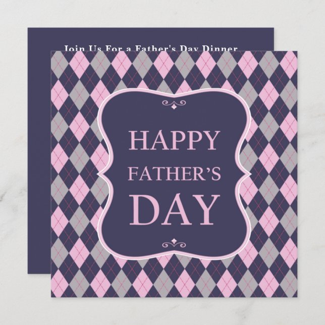 Happy Fathers Day Blue Pink Gray Argyle Dinner Invitation (Front/Back)