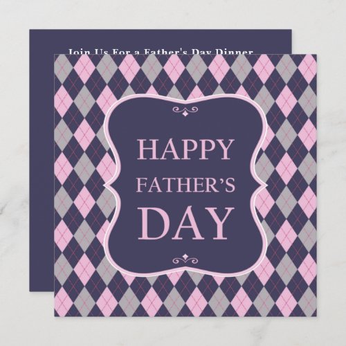 Happy Fathers Day Blue Pink Gray Argyle Dinner Invitation