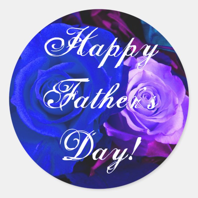 Happy Father's Day Blue Purple Rose Classic Round Sticker (Front)
