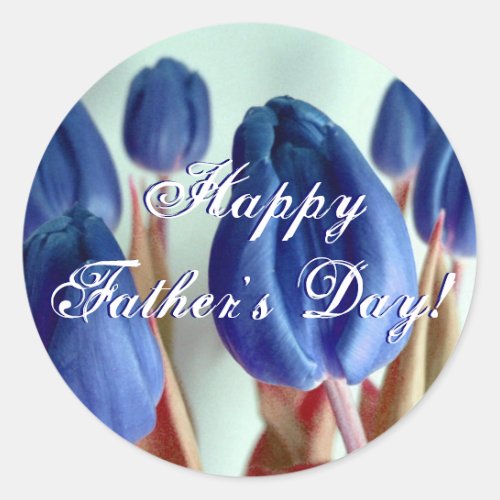 Happy Fathers Day Blue Tulips Classic Round Sticker