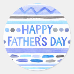 Happy Father's Day Blue Watercolor Stripes Classic Round Sticker