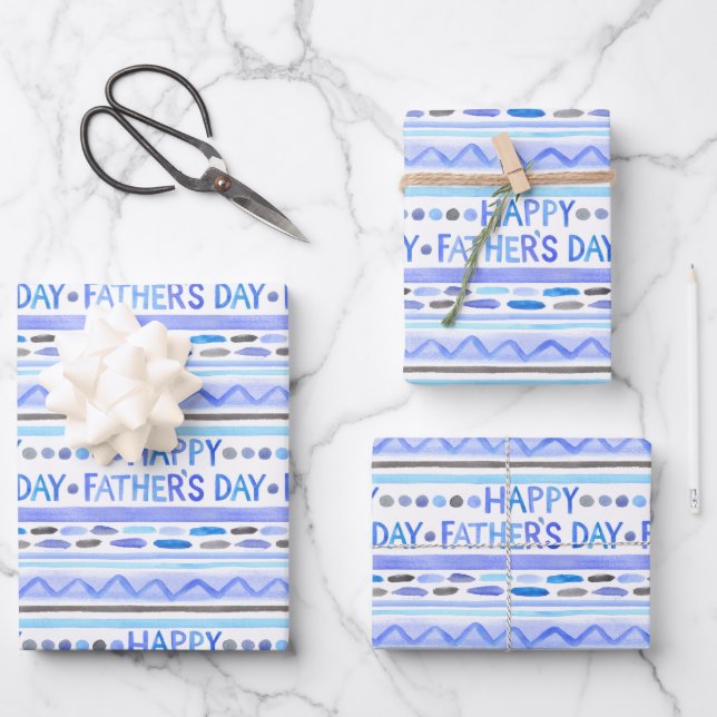 Happy Father's Day Blue Watercolor Stripes Wrapping Paper Sheets (Front)
