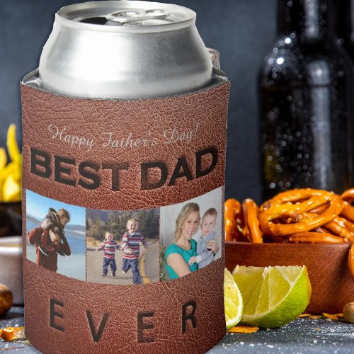 Happy Fathers Day brown leather 3 photo collage Can Cooler