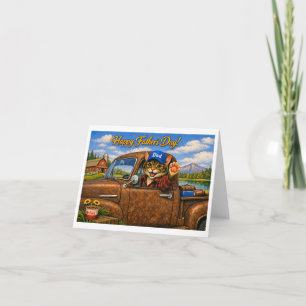 Happy Fathers Day Cat Dad in Vintage Pickup Truck  Letterpress Thank You Card