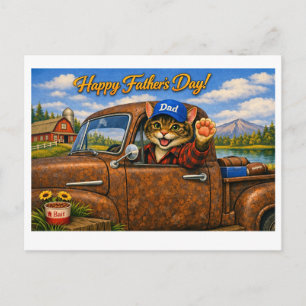 Happy Fathers Day Cat Dad in Vintage Pickup Truck Postcard