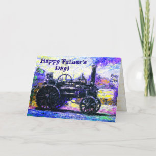Happy Father's Day color card with a Steam Tractor