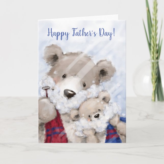 Happy Father's Day, cute bear dad and son shaving Card (Front)