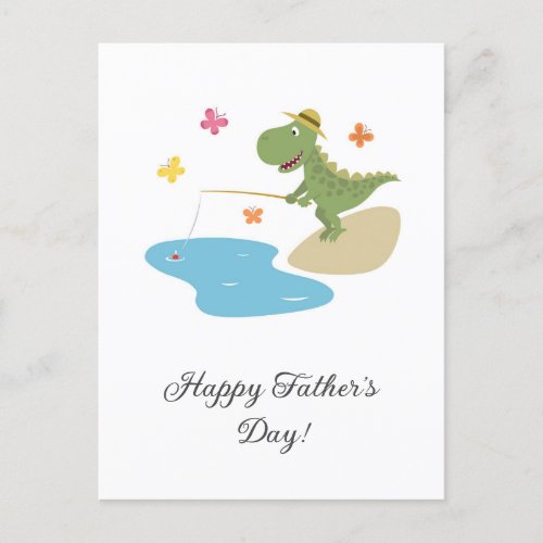 Happy Fathers Day Cute Cartoon Dinosaur Fishing  Holiday Postcard