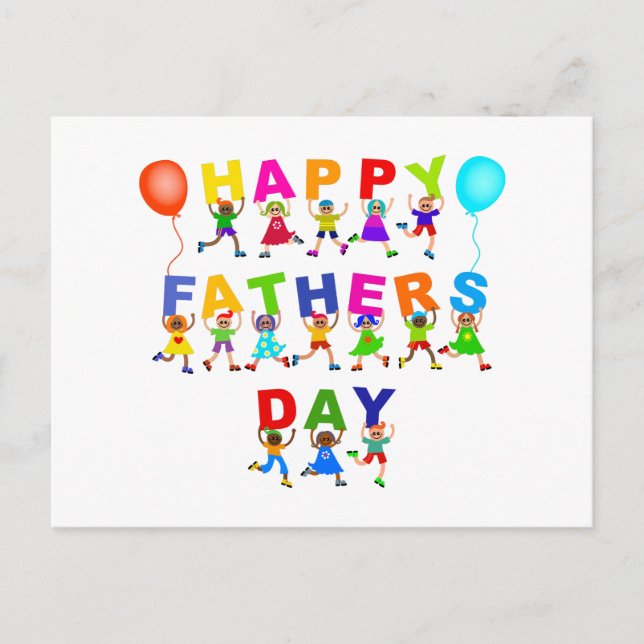 Happy Fathers Day Cute Cartoon Diverse Kids Text Postcard (Front)