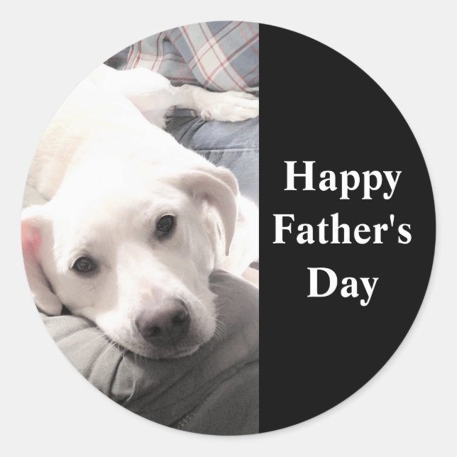 Happy Father's Day Cute White Lazy Puppy Dog Black Classic Round Sticker (Front)