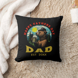 Happy Father's Day Dad Beer Mug Outdoorsman Bear Throw Pillow