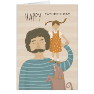 Happy fathers day. Dad daughter and cute funny dog Cards