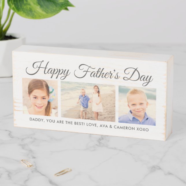Happy Fathers Day Dad Gray Script Photo Collage Wooden Box Sign (In Situ Horizontal)