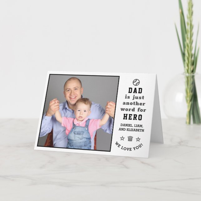 Happy Father's Day Dad Hero Photo + Names Greeting Card (Front)