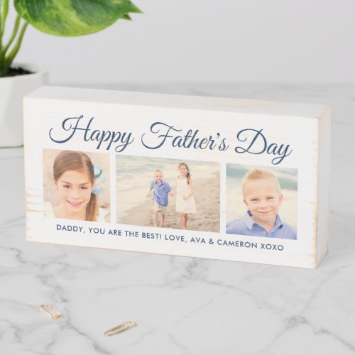 Happy Fathers Day Dad Navy Script Photo Collage Wooden Box Sign
