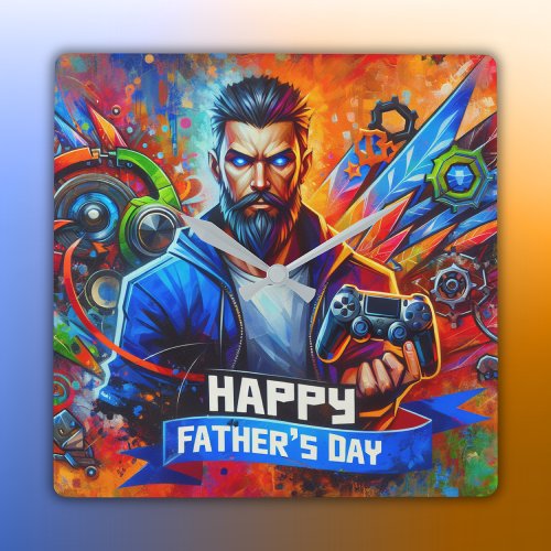 Happy Fathers Day Daddy Gamer  Square Wall Clock
