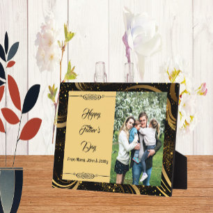 Happy Father's Day Family Photo Gold Leafy Swirls Plaque
