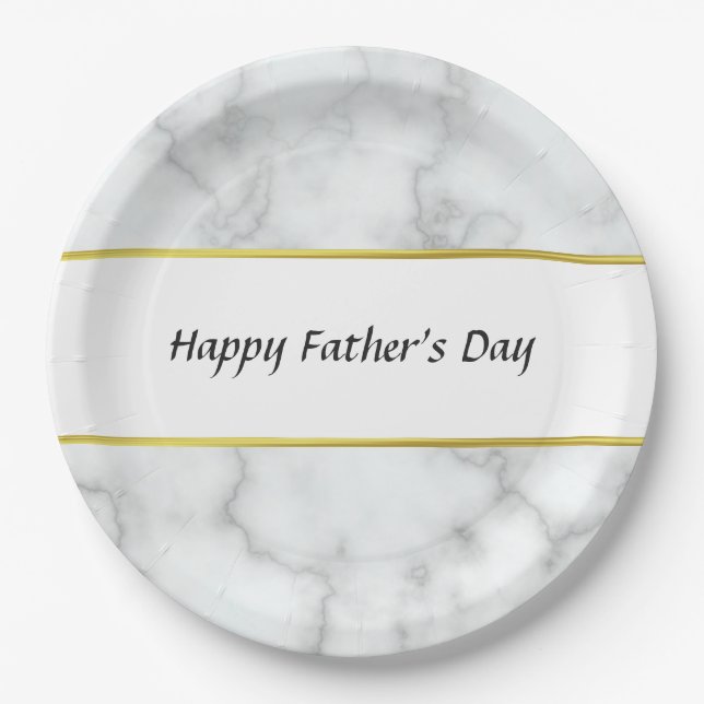 Happy Father's Day Faux White Marble Elegant Paper Plates (Front)