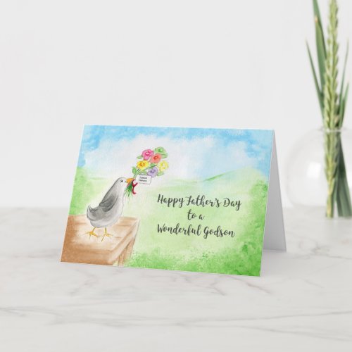 Happy Fathers Day Godson Watercolor Bird Flower Card