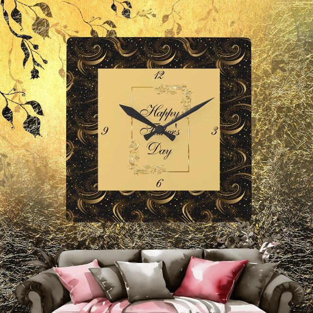 Happy Father's Day Gold Calligraphy Black Swirls  Square Wall Clock (Happy Father's Day Gold Calligraphy Black Swirls Square Wall Clock)