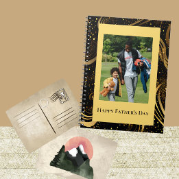 Happy Father's Day Gold Leafy Black Swirls Photo Notebook
