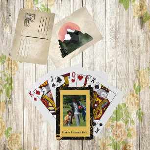 Happy Father's Day Gold Leafy Black Swirls Photo Poker Cards