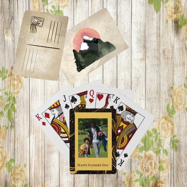 Happy Father's Day Gold Leafy Black Swirls Photo  Poker Cards (Happy Father's Day Gold Leafy Black Swirls Photo Playing Cards)