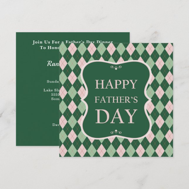Happy Fathers Day Green Argyle Dinner Party Invitation (Front/Back)