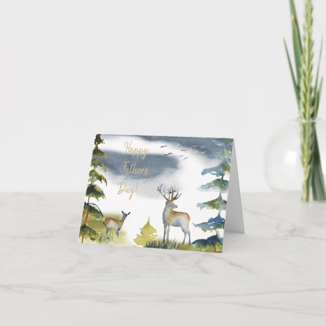 Happy Father's Day Green Dear Forest Watercolor  Card (Front)