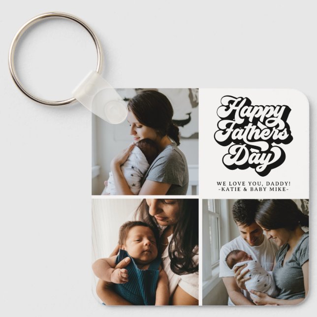 Happy Fathers Day Groovy Retro Three Photo Keychain (Front)