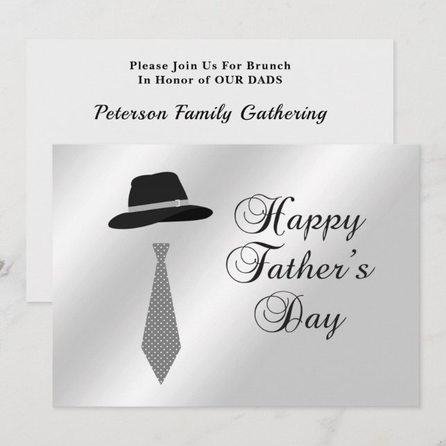 Happy Fathers Day Hat Gray Dot Tie Family Brunch Invitation (Front/Back)