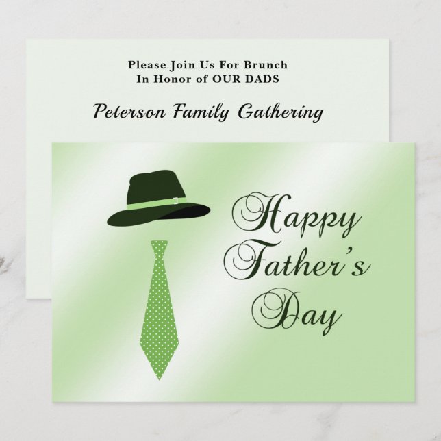 Happy Fathers Day Hat Green Dot Tie Family Brunch Invitation (Front/Back)