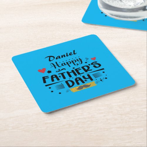 Happy Fathers Day Leaping Frogs Hearts Moustache  Square Paper Coaster