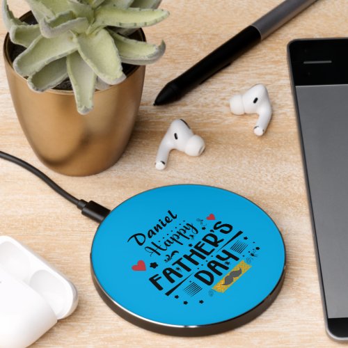 Happy Fathers Day Leaping Frogs Hearts Moustache  Wireless Charger