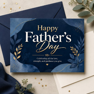 Happy Fathers Day Navy Gold Botanical Leaf Dad Art Postcard