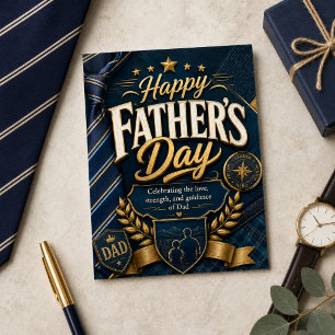 Happy Fathers Day Navy Gold Tie Dad Hero Love Art Holiday Postcard