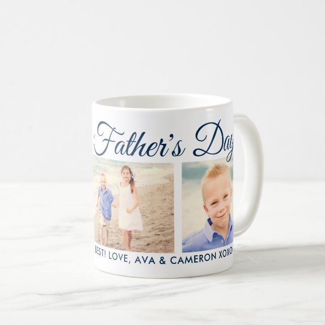 Happy Fathers Day Navy Script Photo Collage Coffee Mug (Front Right)