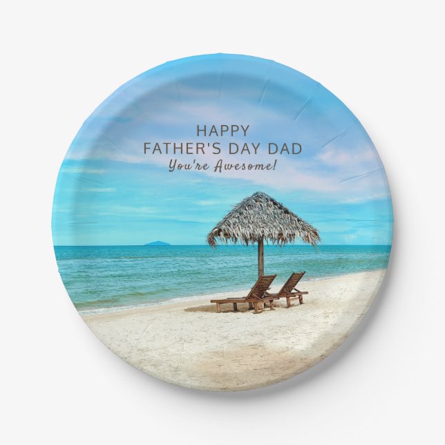 Happy Father's Day Party Custom Message Beach Paper Plates (Front)