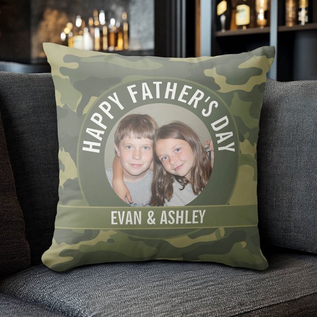 Happy Father's Day - Photo Camouflage Green Throw Pillow (Custom Photo Pillow)