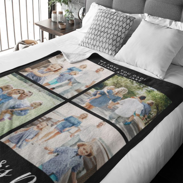Happy Father's Day Photo Collage Black Fleece Blanket (Happy Father's Day script font with 8 family photo slots along with a custom message)