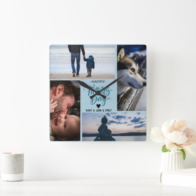 Happy Father's Day Photo Collage Custom Names Square Wall Clock (Home)
