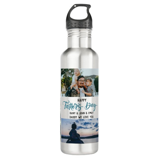 Happy Father's Day Photo Collage Custom Names Stainless Steel Water Bottle (Front)