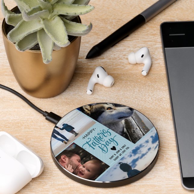 Happy Father's Day Photo Collage Custom Names Wireless Charger (Desk 2)