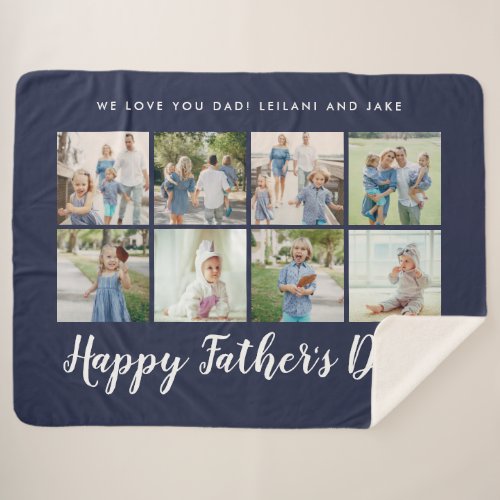 Happy Fathers Day Photo Collage Message Navy Blue Sherpa Blanket